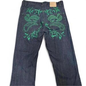 Red Ape Authentics Y2K Baggy Dark Wash Denim Jeans with Green Tribal Paisley Emb